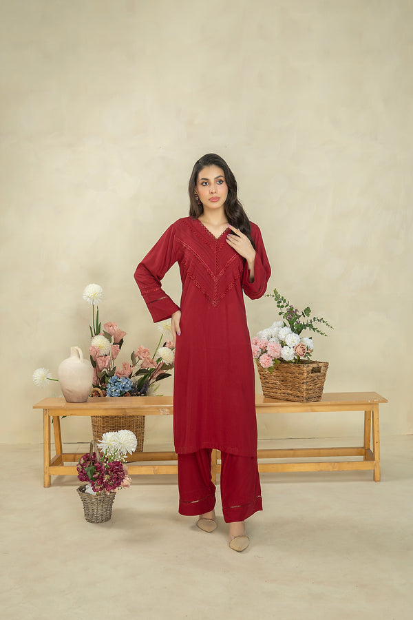 Ladies Stitched Linen Shirt + Trouser Red