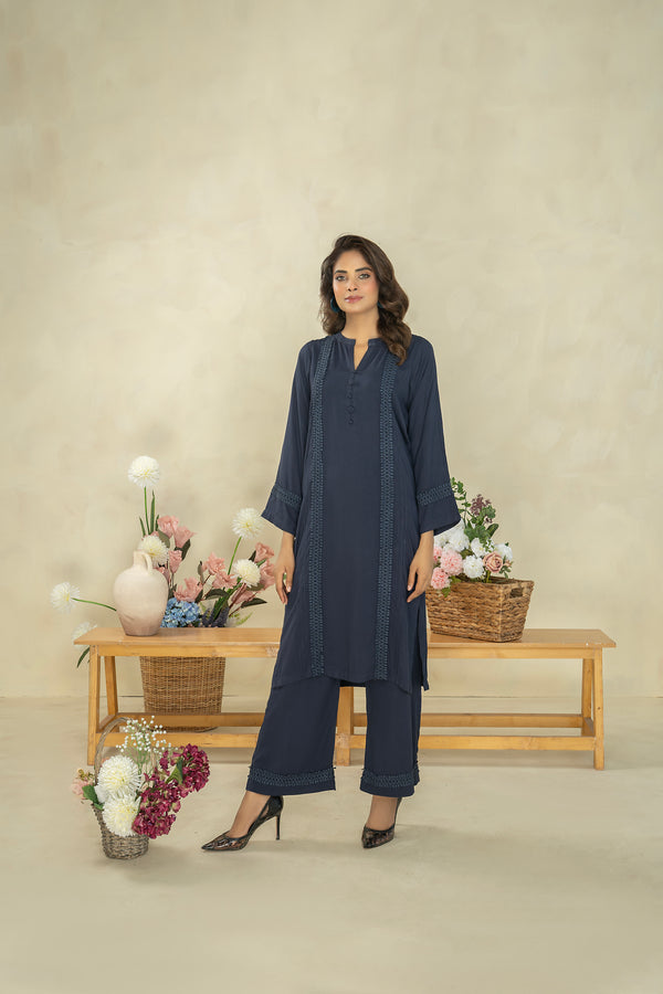 Ladies Stitched Linen Shirt + Trouser Blue