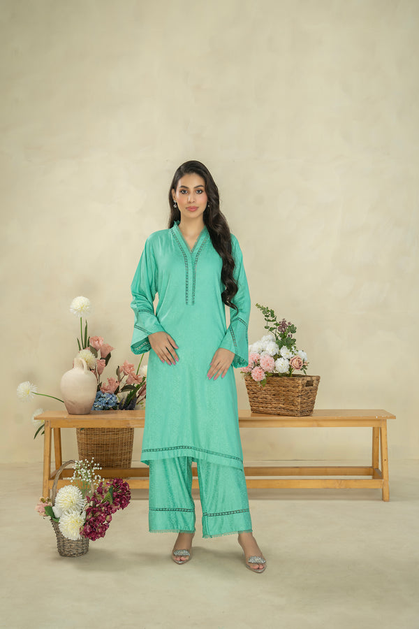 Ladies Stitched Linen Shirt + Trouser Teal