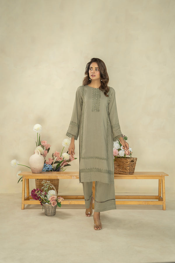 Ladies Stitched Linen Shirt + Trouser Green