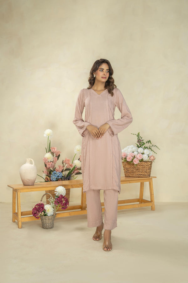 Ladies Stitched Linen Shirt + Trouser Pink