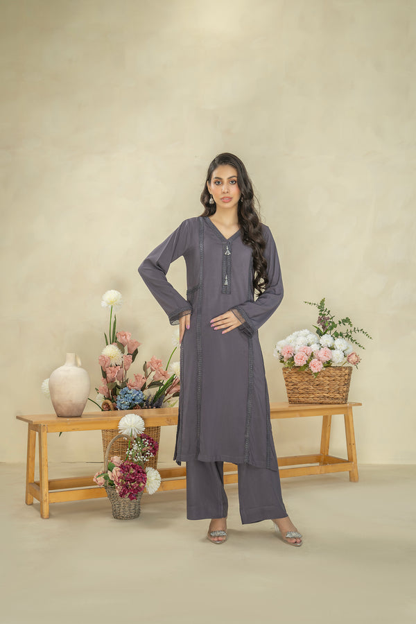 Ladies Stitched Linen Shirt + Trouser Purple