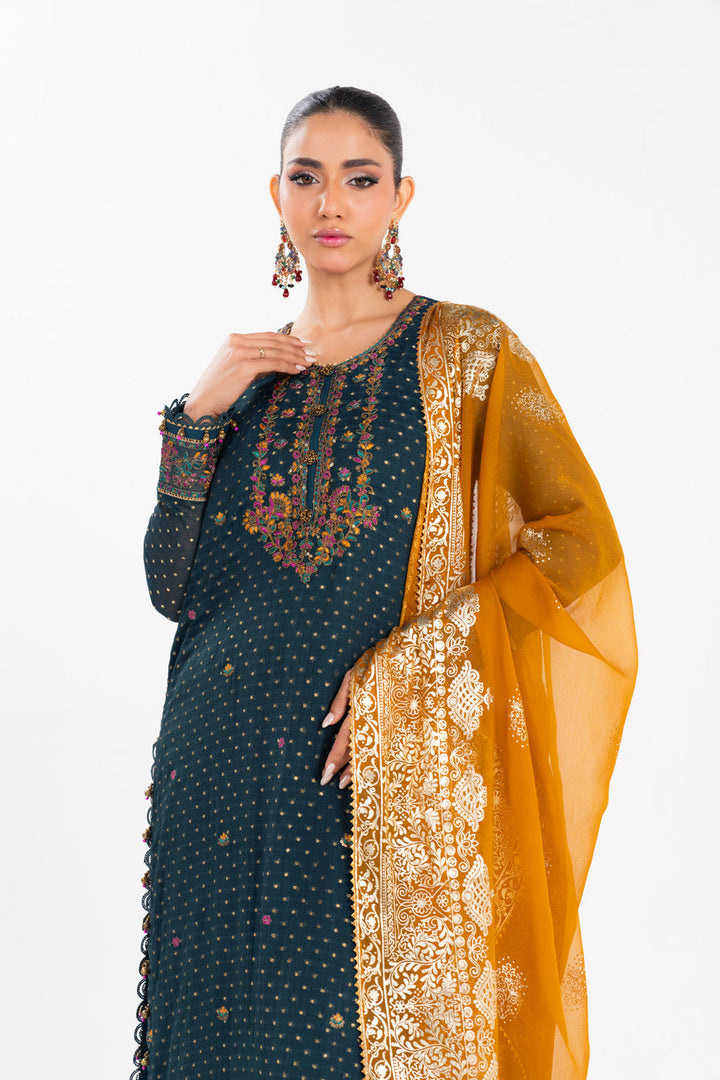 Al Karam 4 Piece Embroidered Jacquard Suit With Foil Printed Chiffon Dupatta J(84&85) - Salai - Formal Wear Summer 2025 