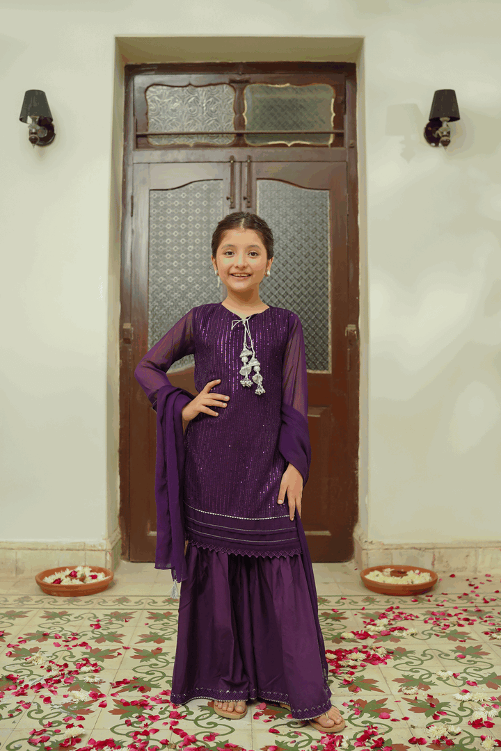 Girls Stitched Festive 3 Piece EM35 - Salai - Salai 