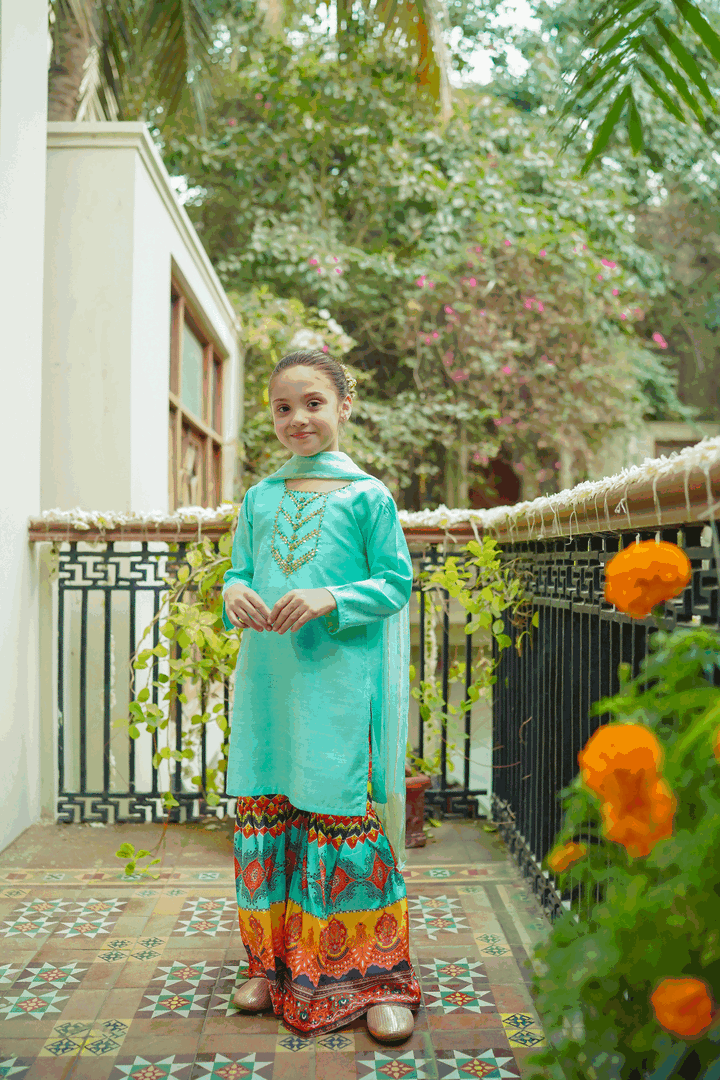 Girls Stitched Festive 3 Piece PG02 - Salai - Salai 