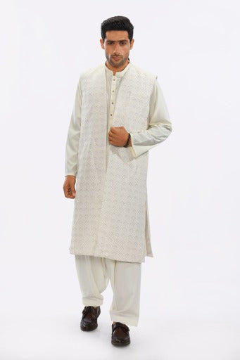 Men Kurta Shalwar & Overcoat set DIG23-05 - Salai - Salai 