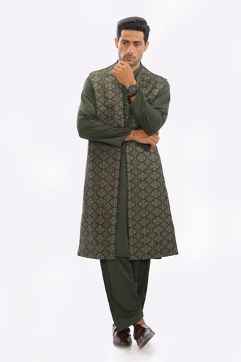 Men Kurta Shalwar & Overcoat set DIG23-02 - Salai - Salai 