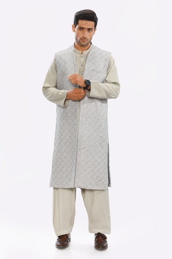 Men Kurta Shalwar & Overcoat set DIG23-04 - Salai - Salai 