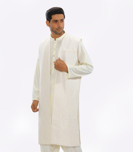 Men Kurta Shalwar & Overcoat set DIG23-03 - Salai - Salai 